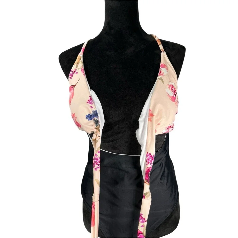 Cupshe floral cutout one-piece swimsuit floral wrap Cream Pink Blue Black XL